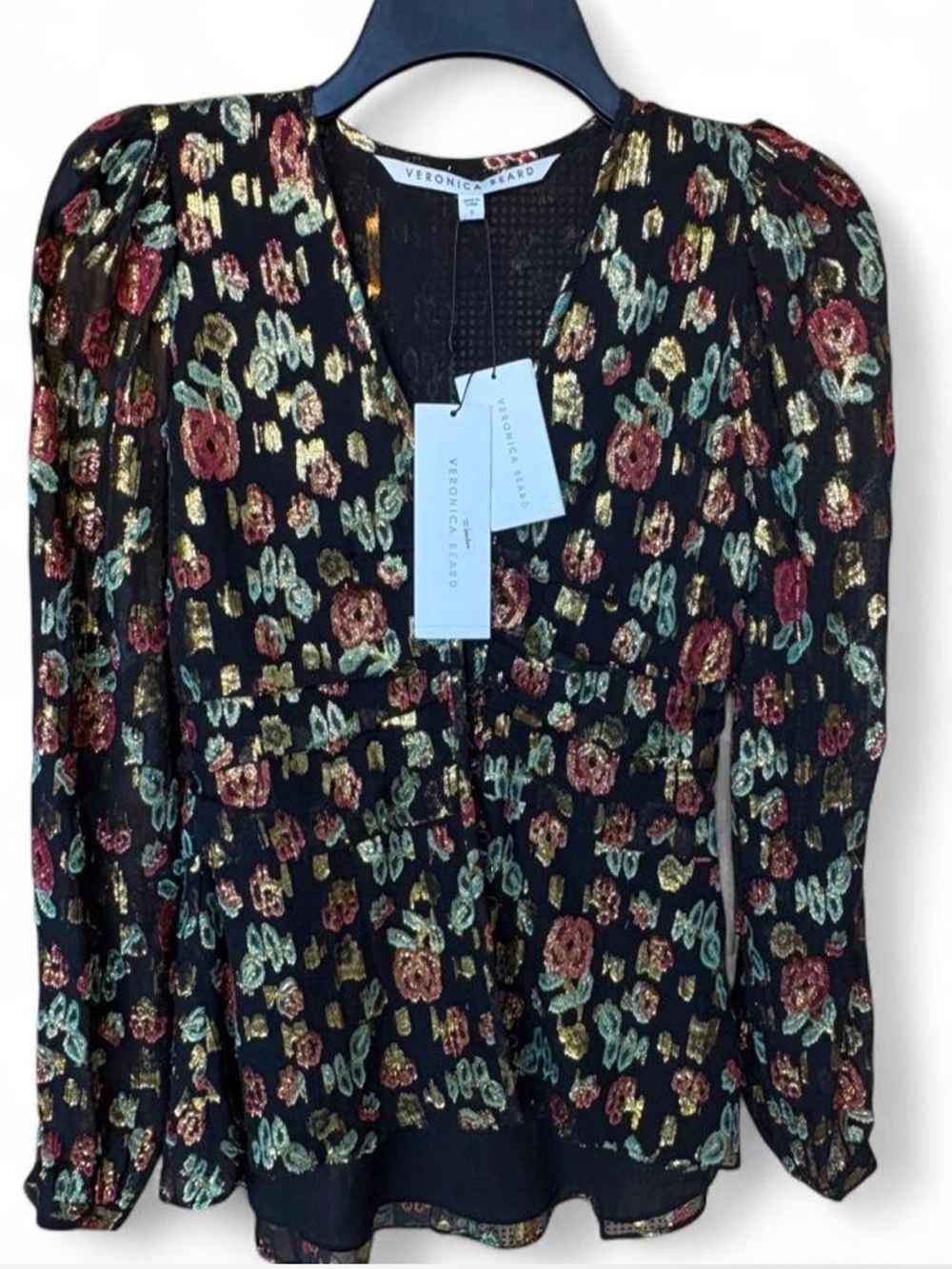 NWT Veronica Beard Joyce Metallic Floral Silk-Blend Blouse.